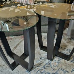 Pair Of Two End Tables with Tempered Glass