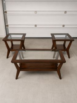 Contemporary Wood & Glass Coffee Table + Matching End Tables (3-Piece Set)