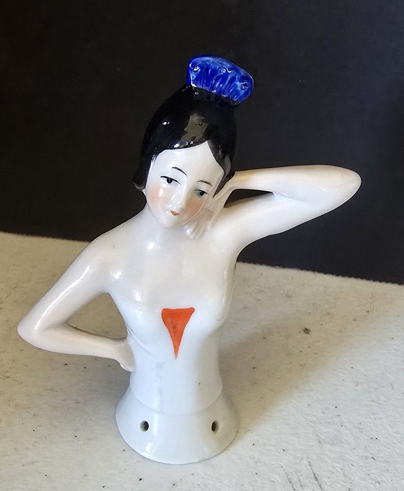 VTG 4" half doll / pincushion doll, Black haired woman with blue hair ribbon