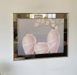 Vintage 80s Art Deco Mirror Framed Floral Print 28”x 22”