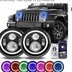 LED Headlights Black Housing With Drl Halos RGB Colors 