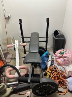 Workout bench + barbell with weights