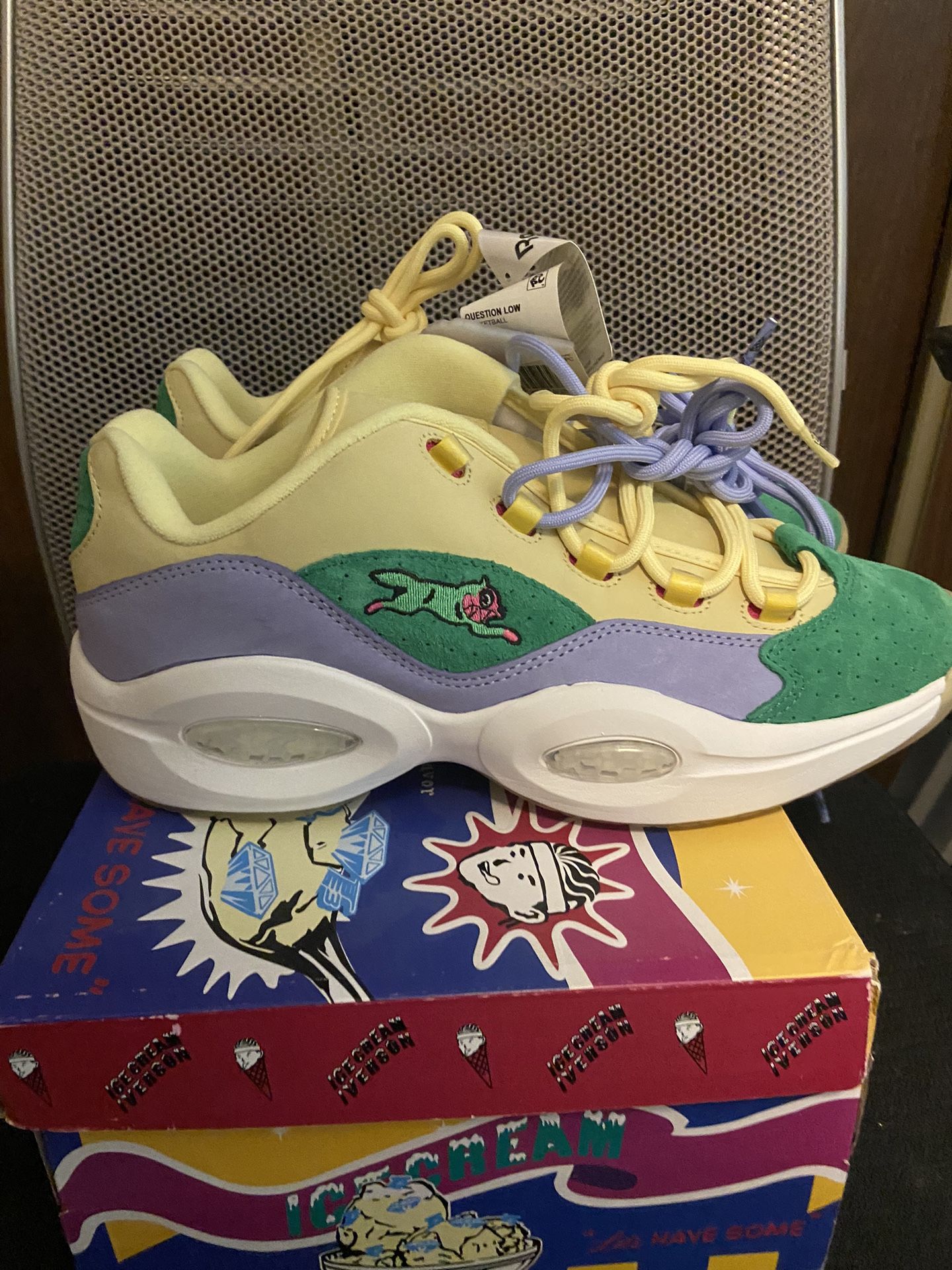 Reebok Question Low BBC Ice Cream Running Dog Yellow Green Size 11.5 Ds