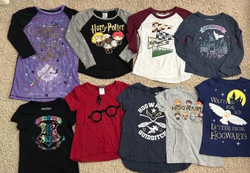 Lot of 9 Harry Potter Hogwarts Girls Size S Small 6/6X Shirts and sleepgown/dress Chibi Hedwig