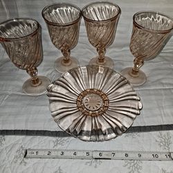 Pink Depression Glass Candy Dish And Wine Glasses