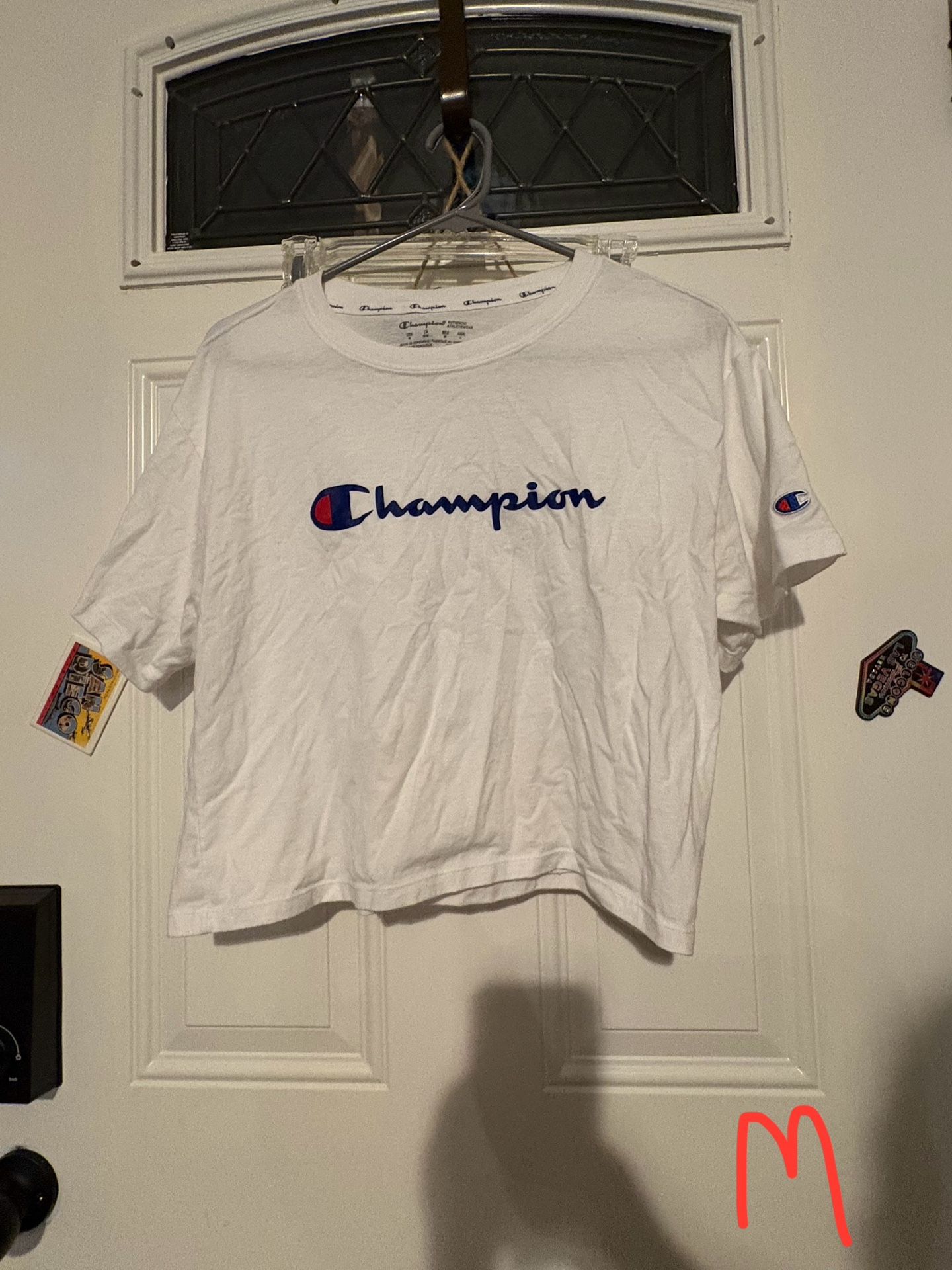Champion Heritage Crop T-Shirt White Blue Script Logo Activewear Medium