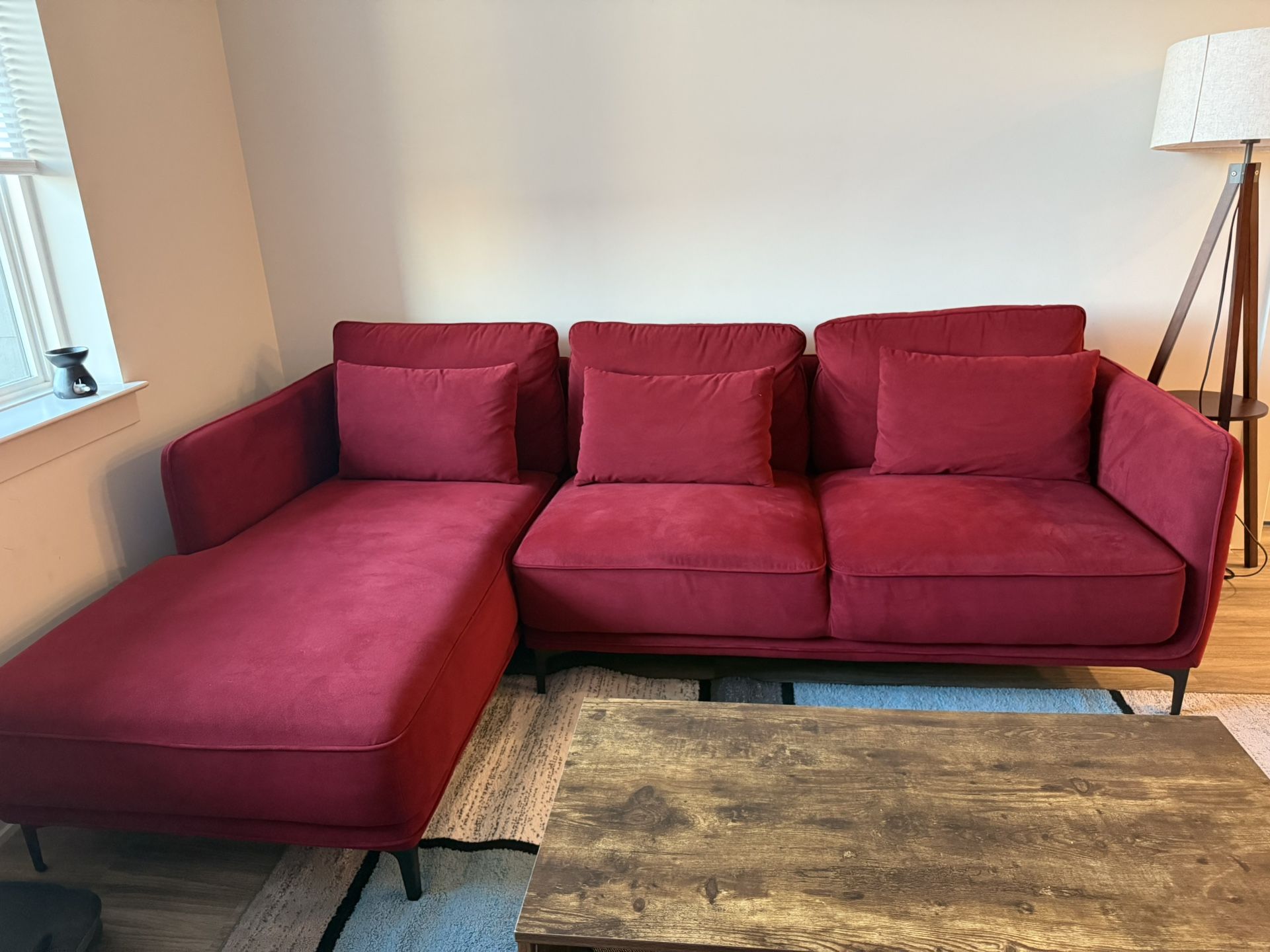 Modern Red Velvet Sofa + Matching Armchair β Stylish, Clean, & Cozy!
