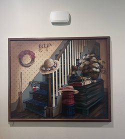 Vintage Large Framed Oil Painting Staircase Scene by H. Huntington