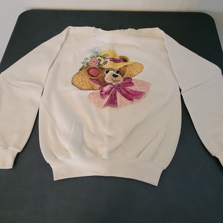 Women's White Sweatshirt Featuring A Hand-Painted Bear Size Medium