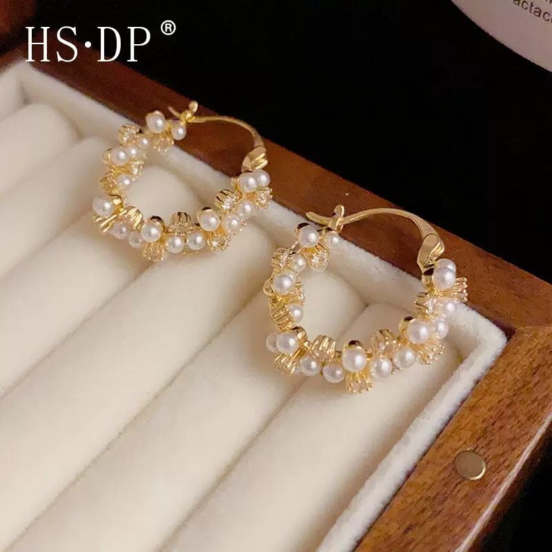 French Style 14k Gold Pearl Cubic Zirconia Hoop Earrings
