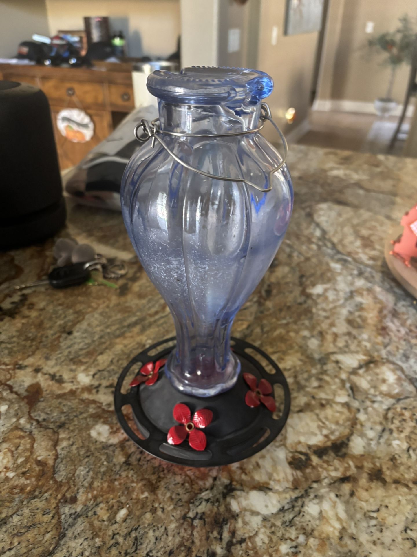 BLUE GLASS HUMMING BIRD FEEDER!