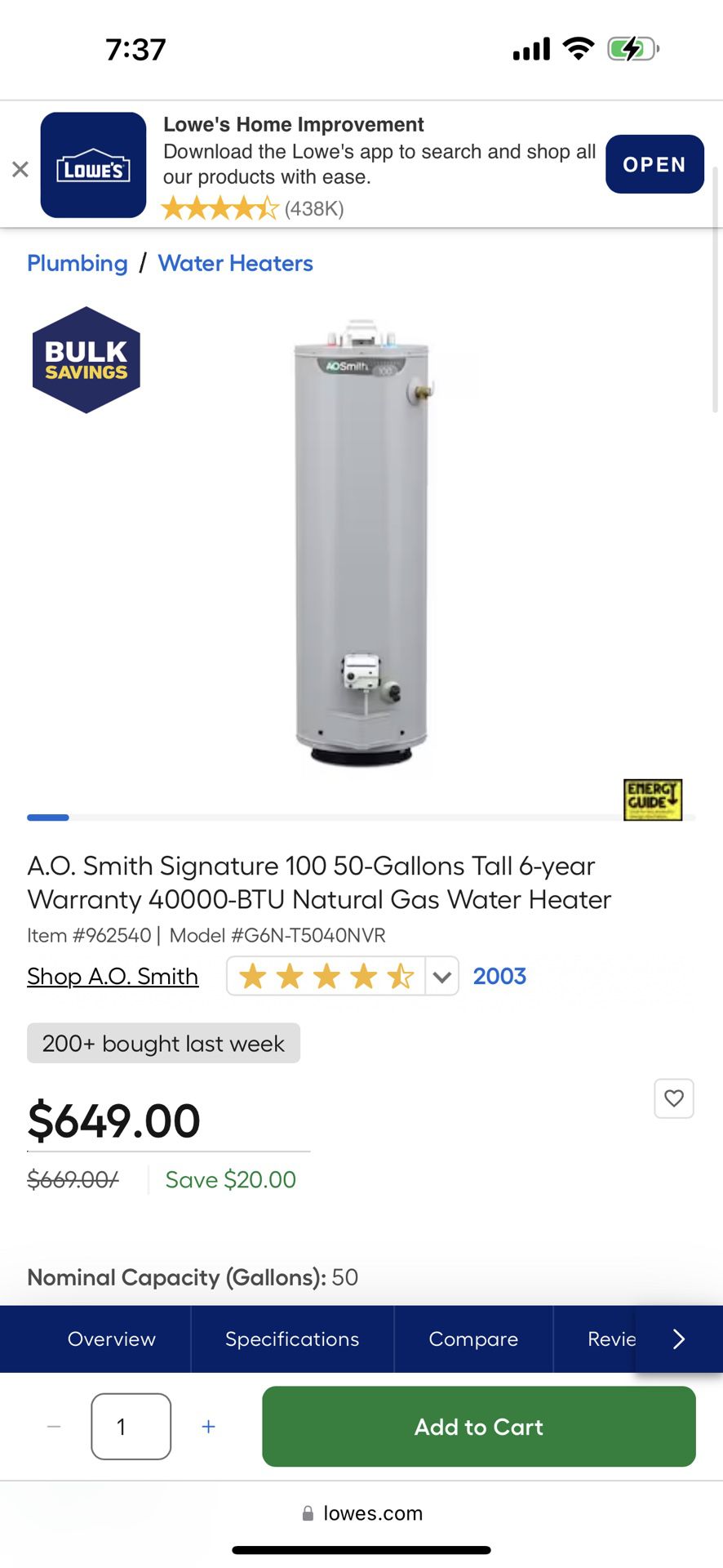 Brand New | A.O. Smith Signature 100 50-Gallons Tall 6-year Warranty 40000-BTU Natural Gas Water Heater