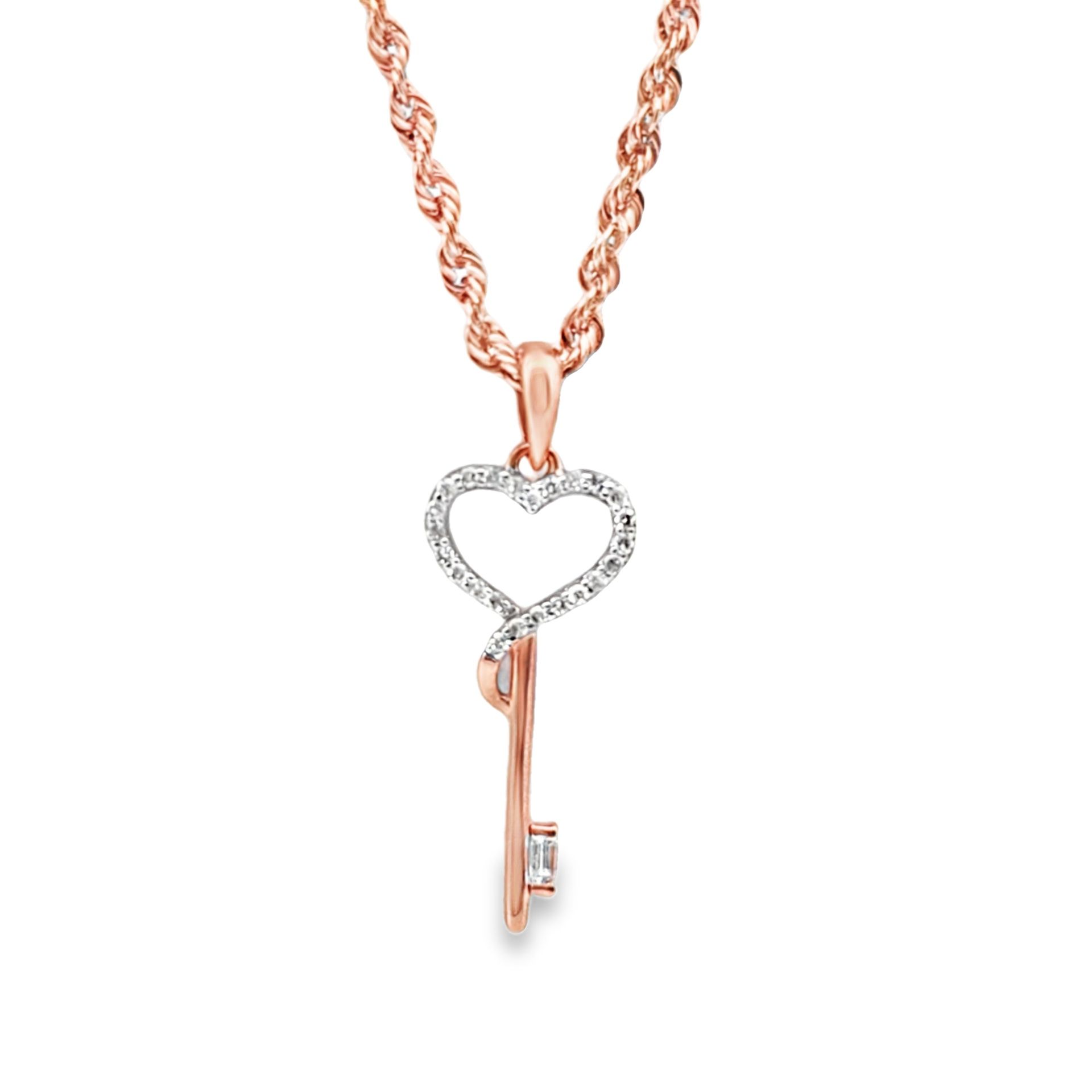 10k Rose Gold Diamond Rope Chain & Key Pendant 0.10 ctw
