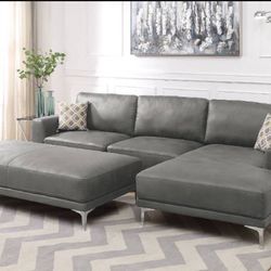 Brand New Leather Modern Sectional Sofa (Grey)