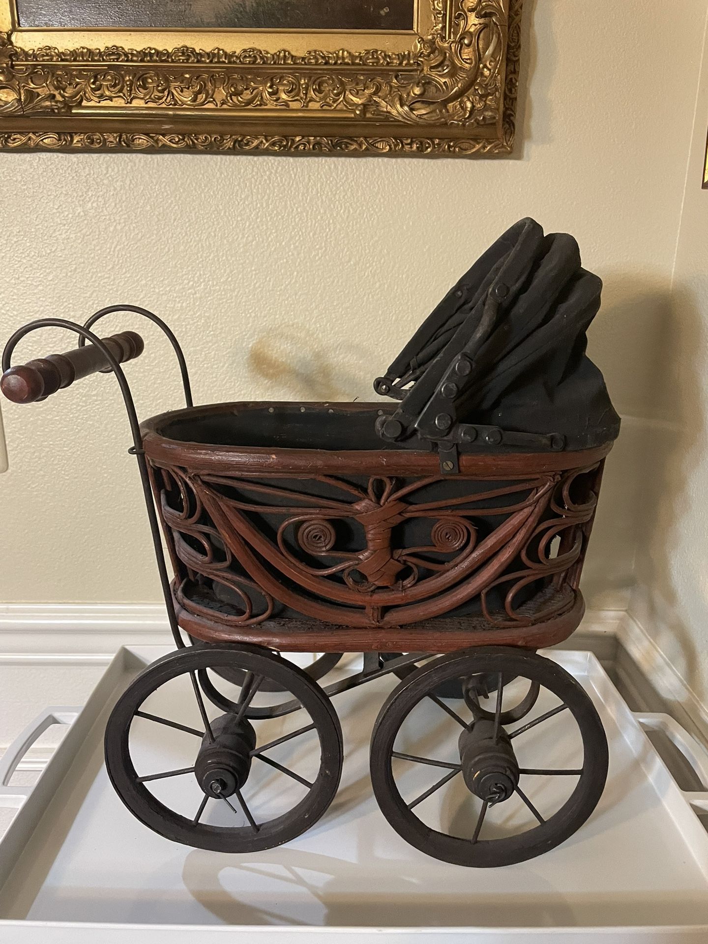 Antique Vintage Iron Wicker Wood Baby Doll Carriage Stroller