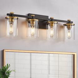 4 Light Bathroom Vanity Light Fixtures, Modern Black and Gold Vanity Lights Over Mirror, Vintage Sconce Wall Lighting with Clear Glass Shade, Brushed 