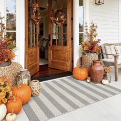 Grey and White Striped Rug-3x5 Fall Front Door Mat Outdoor,Washable Reversible Porch Rug Cotton Hand-Woven Spring Doormat, Foldable Layered Door Mats 
