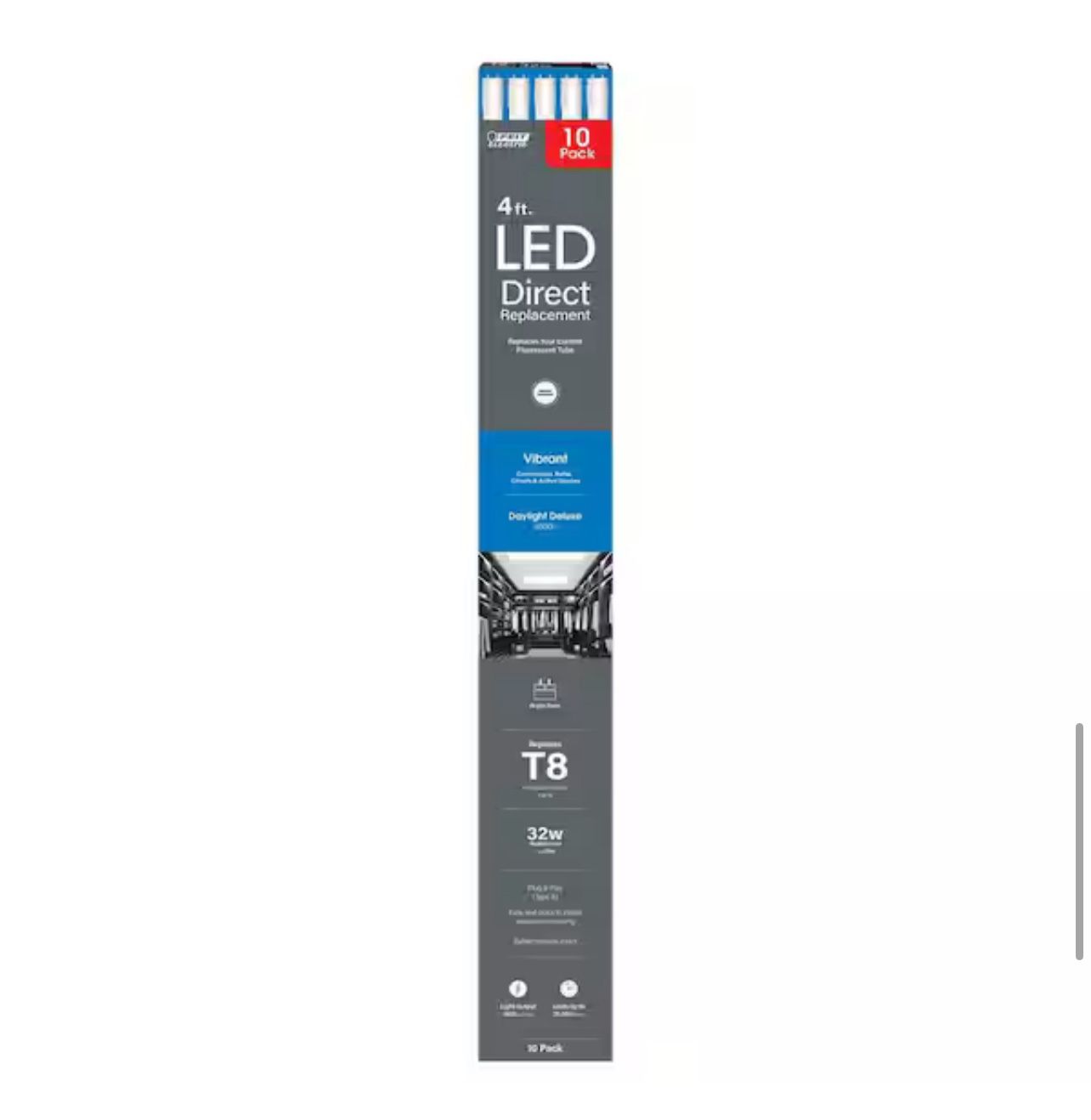 Feit Electric 18-Watt 4 ft. T8 G13 Type A Plug and Play Linear LED Tube Light Bulb, Daylight Deluxe 6500K (10- Pack)