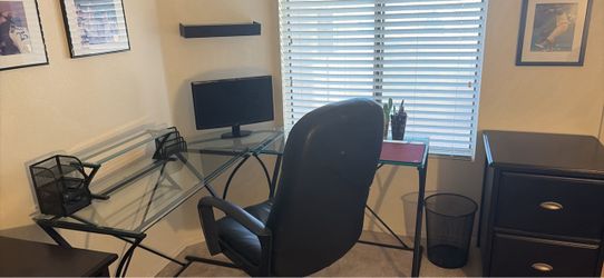 L-Shaped Glass Top Desk with Metal Frame