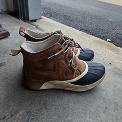 Sorel Waterproof Duck Boots Womens 8.5 Brown Leather Rubber Winter Rain Boots