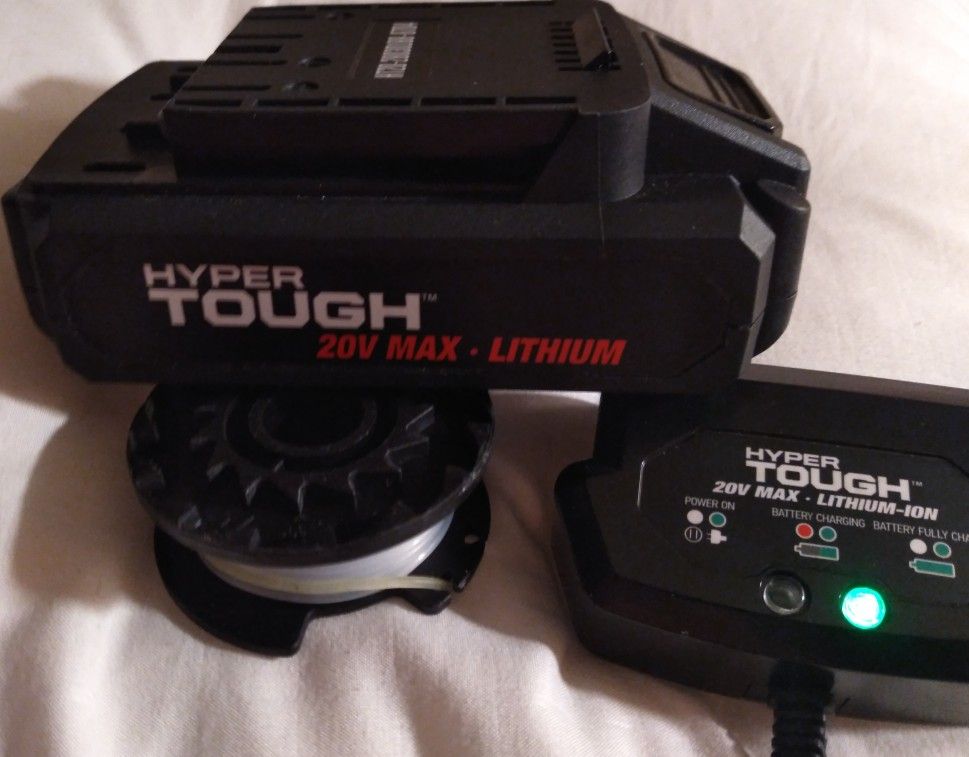 NEW HYPER TOUGH 20v MAX LITHIUM ION 2.5 BATTERY 1 NEW RAPID FAST CHARGER & 2 ,NEW LINE & SPOOL