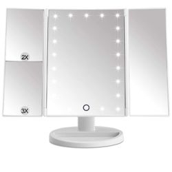 Makeup Mirror 21 LED Vanity Mirrors Tri-Fold Adjustable with 3X 2X Magnification 180 Degree Free Rotation USB Charing Mirror for Cosmetic Travel Table
