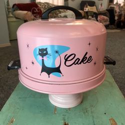 Vintage Pink Retro Cake Carrier W/ Cat And Locking Handles, MCM, Starburst