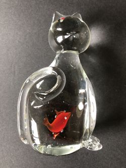 Vintage Crystal Cat Paperweight /Goldfish In Tummy