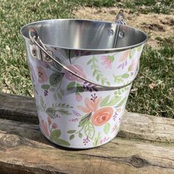 Floral Tin Bucket Planter With Handl