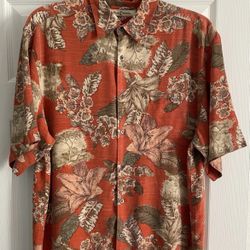 Tommy Bahama Size M Men's Hawaiian Shirt Rust Gray Colors w/Floral Leaves Trees