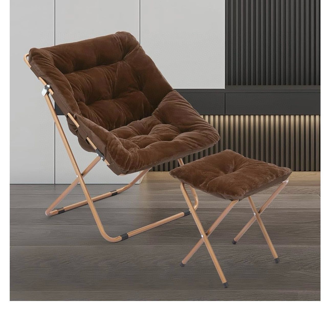 Square Folding Faux Fur Saucer Chair for Bedroom Living Room Dorm Foldable Metal Frame Oversized Large Comfy Furry Padded Soft Cozy Moon Ch