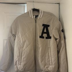 White Bomber Jacket With Black Letter And Number Patch 