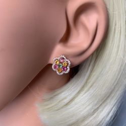 Kingsglen S925 sterling silver plated 18K rose gold earrings inlaid with 100% natural colored tourmaline gemstones, perfect gift