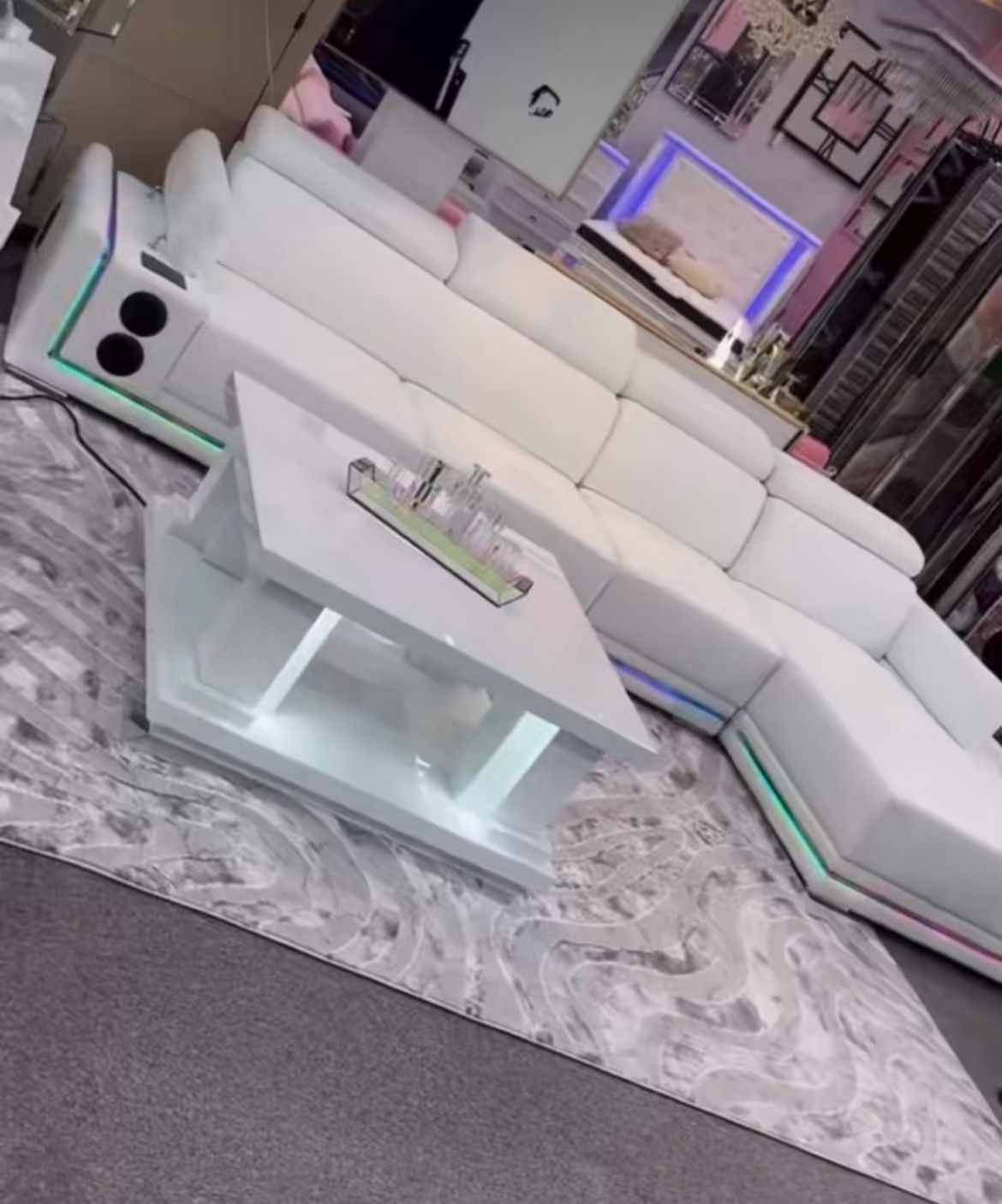 White Leather Sectional , Zero Money Down !!