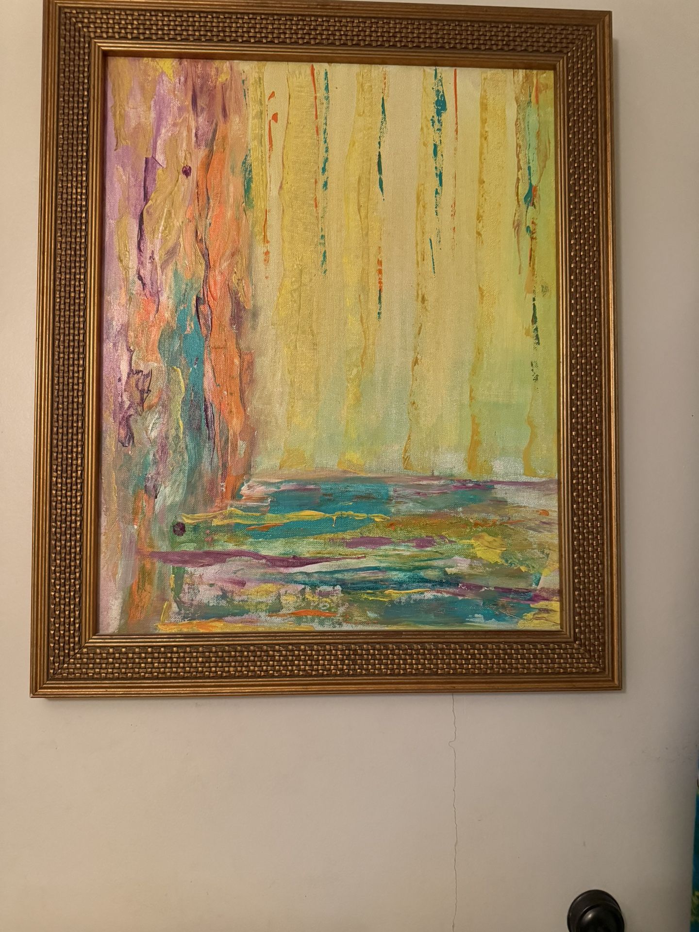 Vibrant Abstract Painting W Gold Framed