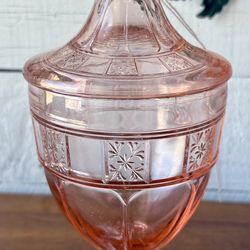 1935 pink depression, glass candy dish
