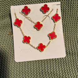 Four Leaf Flower Jewelry Set Red