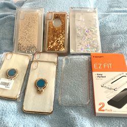 iPhone XS Max 7 Piece Set Silicone Phone Cases & One 2 pack Spigen EZ Fit Glass Screen Protector.  New! 