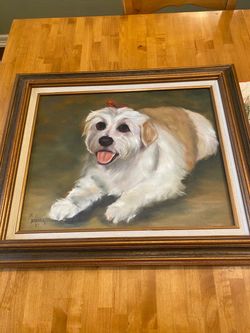 Vintage original artist signed canvas painting of puppy in wood frame. 25.5 x 21.5 inch. Cottage.