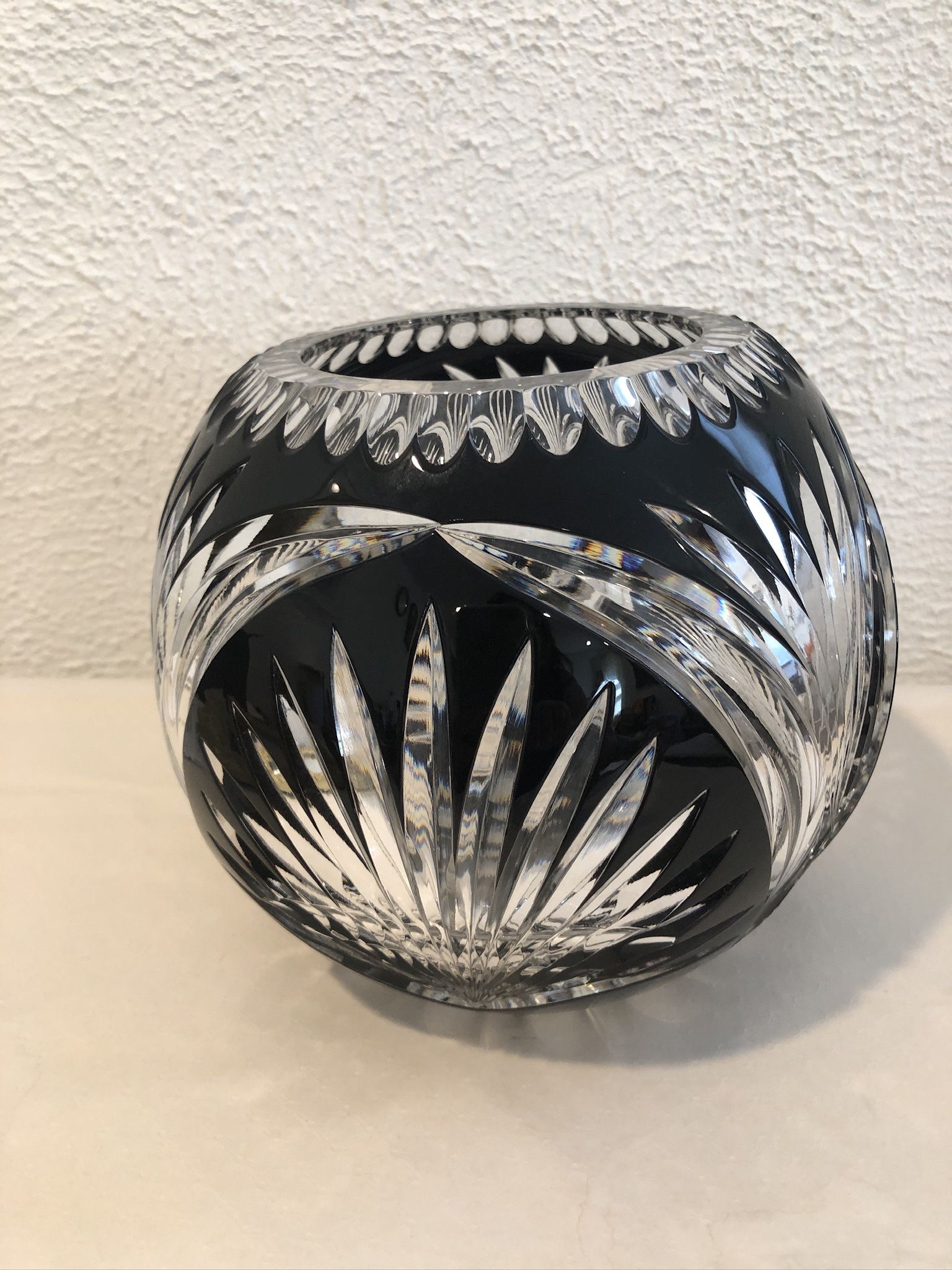 Large Black Bohemian Glass Cut To Clear , Deep Cut , Stunning Piece Of Glass , The Light Reflection Is Gorgeous 7.50” Tall And The Mouth Opening 4.50”