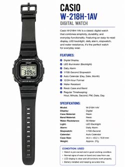 Casio W-218H-1AV Digital Watch – Black Resin Strap – Used – Water Resistant