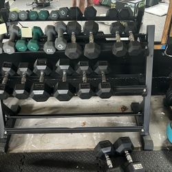 Dumbbell Weights And Rack (+ Barbell)