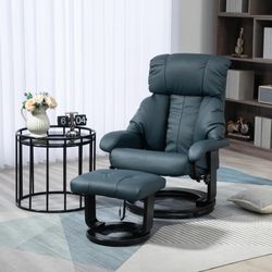 Swivel Recliner with Ottoman, Faux Leather Reclining Chair with Massage, Footstool Remote and Side Pocket, Blue