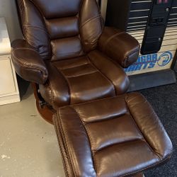 Recliner dark brown real leather w/ ottoman