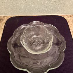 Two Piece Glass Chip and Dip Plate with Flower Imprint Set, Plate and Bowl Serving Set