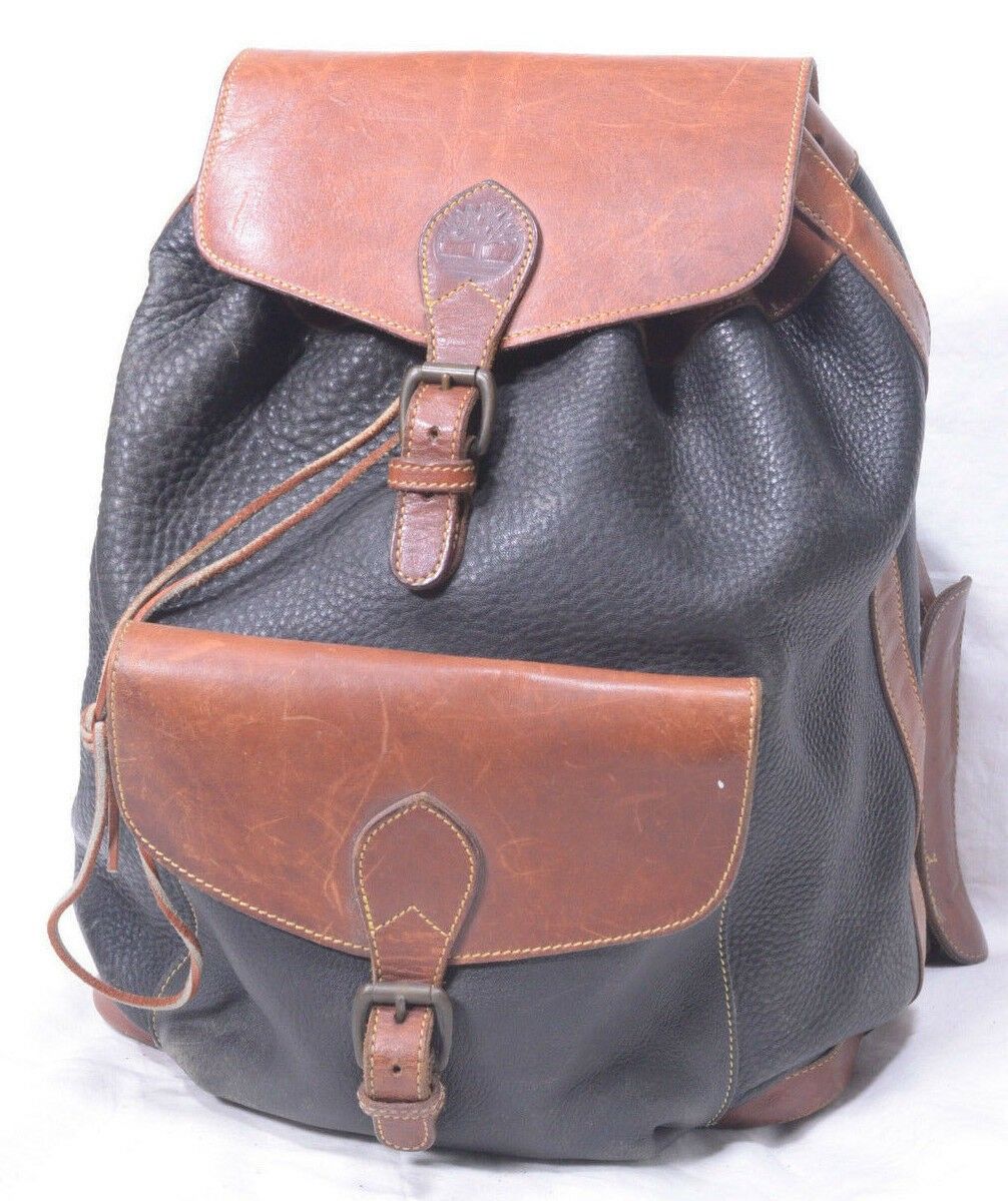 TIMBERLAND HEAVY PEBBLE LEATHER BACKPACK Travel Bag Boho Festival BLACK/BROWN