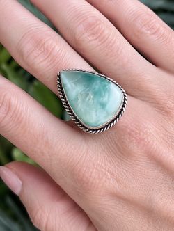 Teardrop Natural Larimar Silver Ring Sz 9