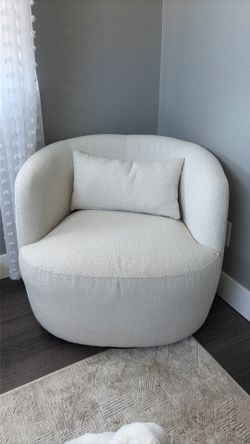 KINWELL 34" Wide Sherpa Swivel Barrel Chair, No Assembly Round Boucle Upholstered Accent Chair Armchair Single Sofa Chair with Toss Pillow for Living 