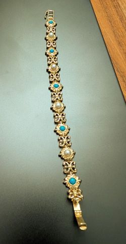 Beautiful Real 14k Gold Bracelet, Turquoise, Pearls, 17g