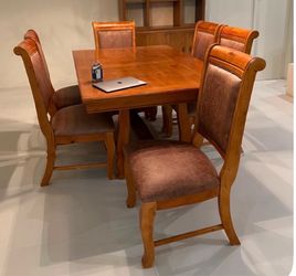 Solid Wood Dining Table with 6 Upholstered Chairs